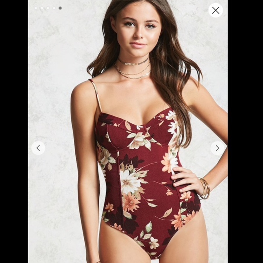 Forever 21 Maroon Floral Bustier Spaghetti Strap Bodysuit Small